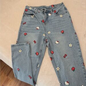 Hello Kitty Light Blue Straight-Leg Jeans with Embroidered Icons